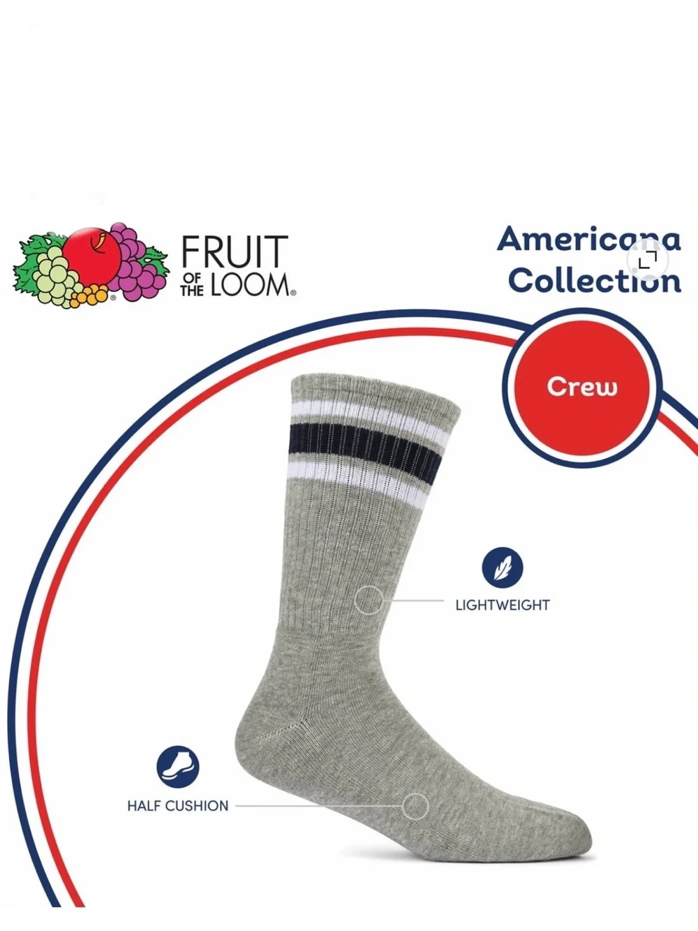 Men’s Fruit Of The Loom Americana Crew Socks 3, 2-Packs Size 6-12